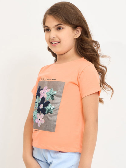 Pampolina Girls Floral Printed Half Sleeve Round Neck Top - Orange