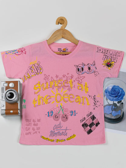 Pampolina  Girls Printed Half Sleeve Top- Pink