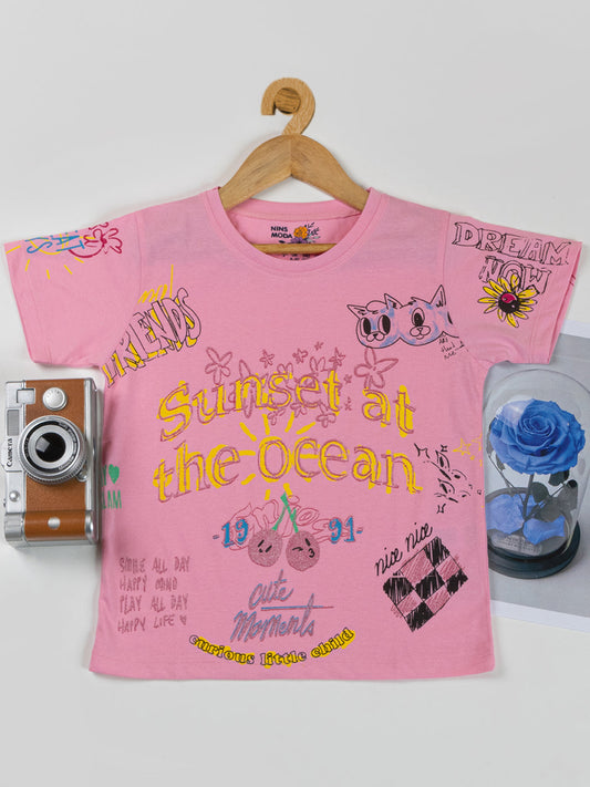 Pampolina  Girls Printed Half Sleeve Top- Pink