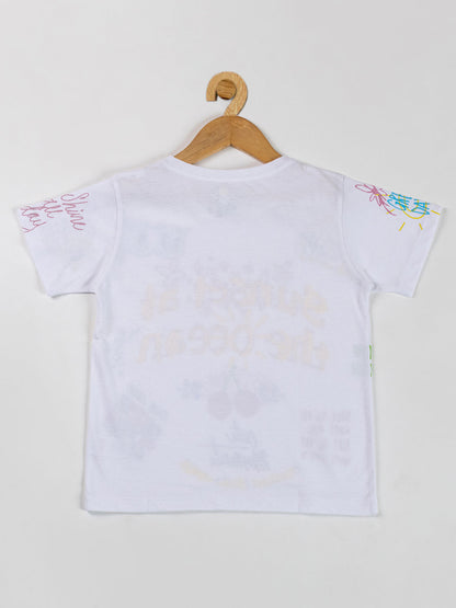 Pampolina Girls Printed Half Sleeve Top- White