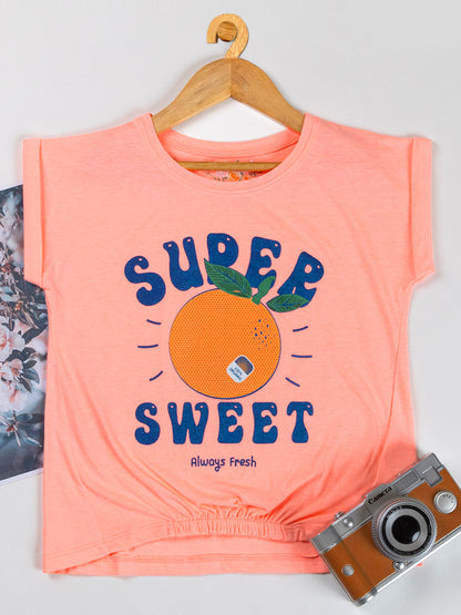 Pampolina Girls Printed & Short Sleeve Crop Top-F.Orange