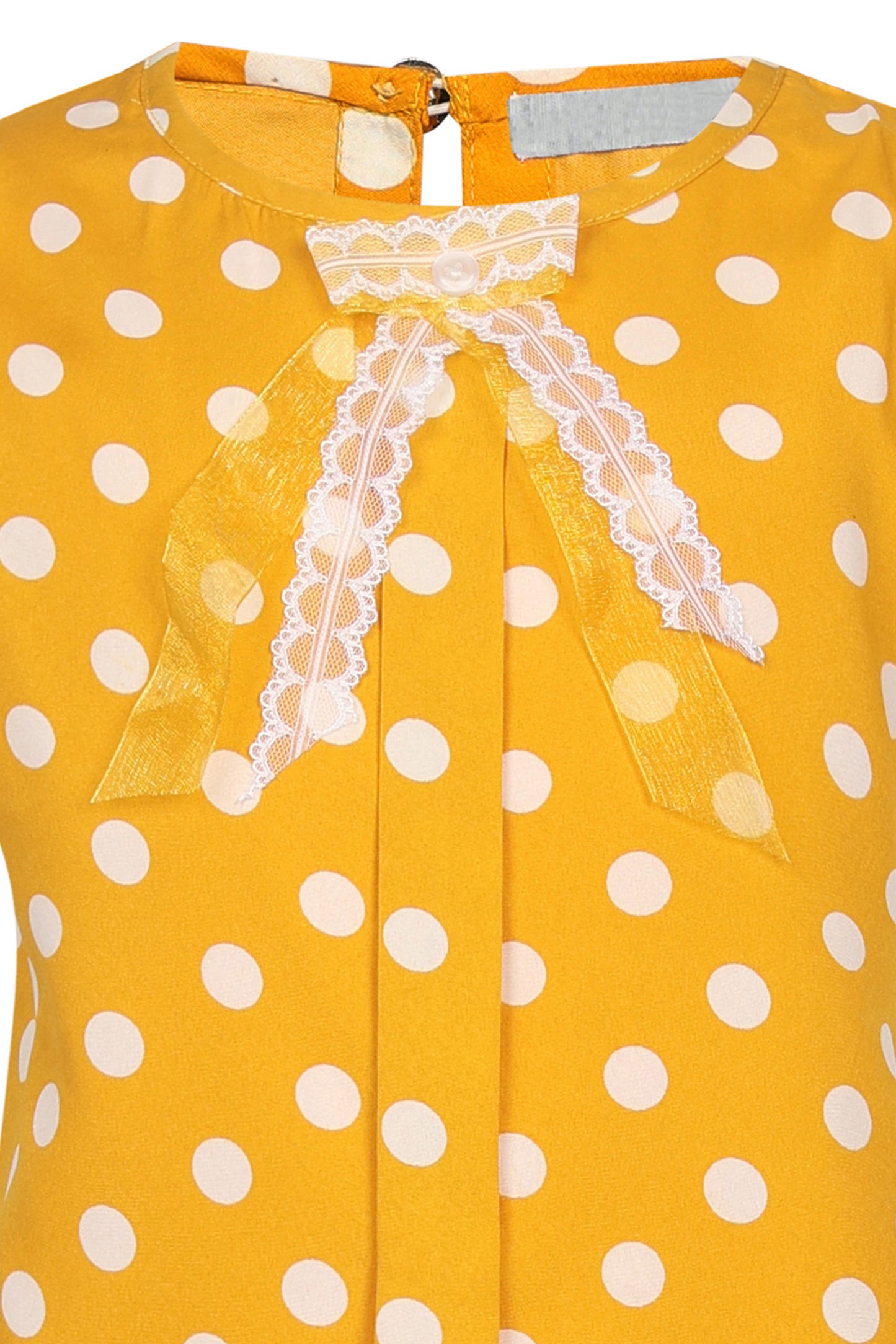 Pampolina Girls Polka Dotted  Printed Textile Top With Tie- Mustard