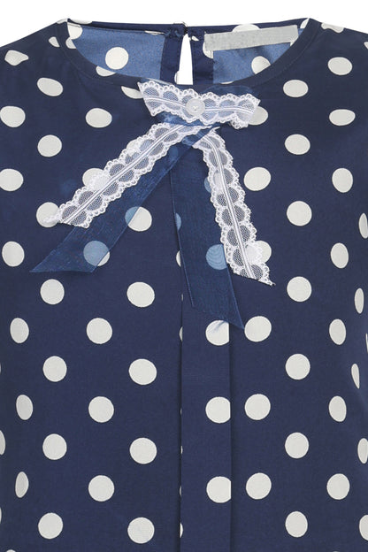 Pampolina Girls Polka Dotted  Printed Textile Top With Tie- Navy