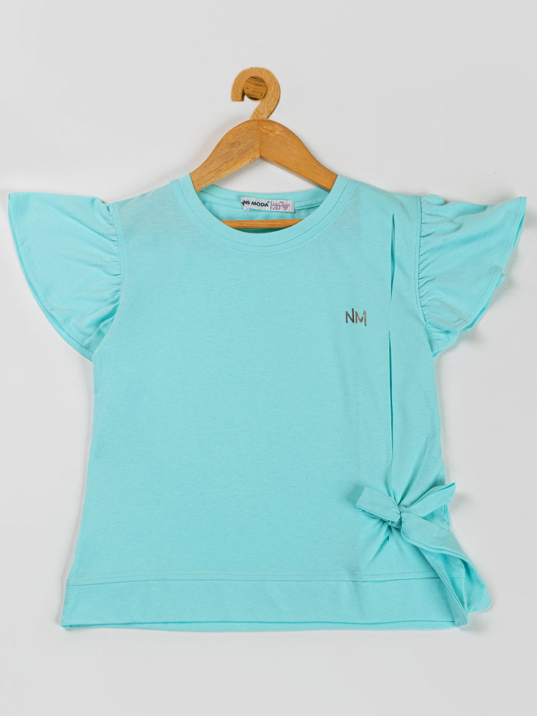 Pampolina  Girls Solid Puff Sleeve With Side Belt-Tuquise