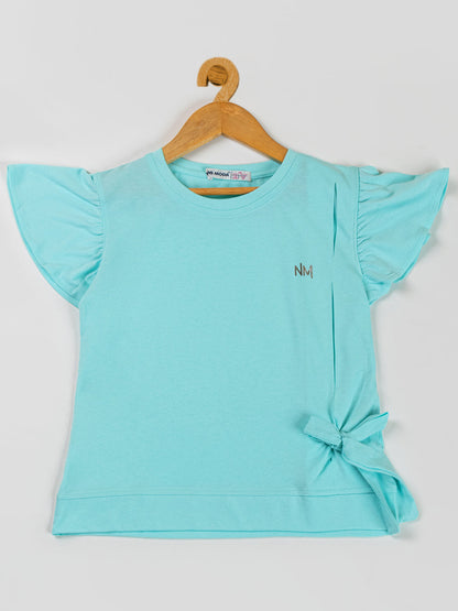 Pampolina  Girls Solid Puff Sleeve With Side Belt-Tuquise