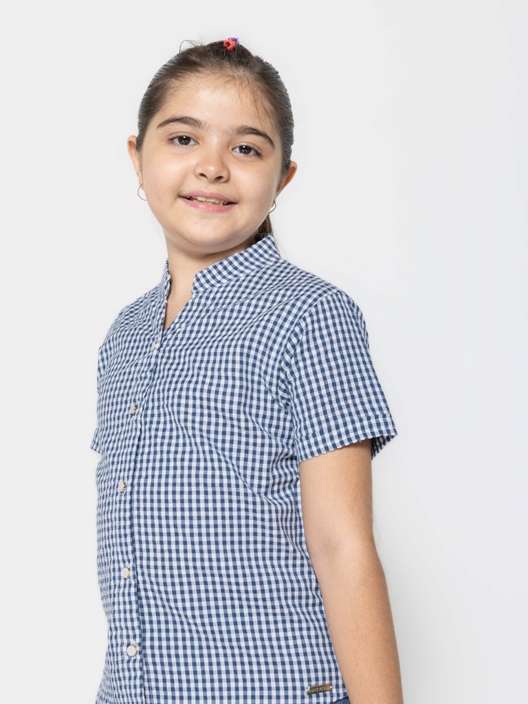 Pampolina Girls Check Printed Half Sleeve Collar Neck Top-Navy