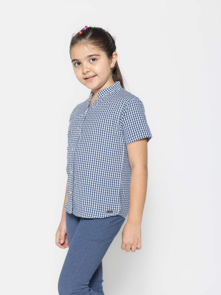 Pampolina Girls Check Printed Half Sleeve Collar Neck Top-Navy