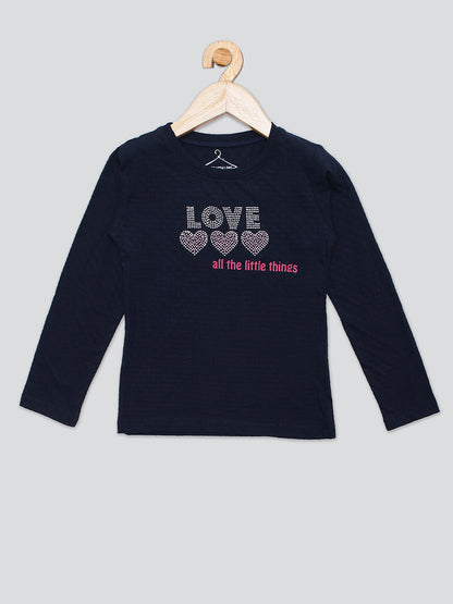 Pampolina Girls Squene Printed Round Neck Prewinter Top- Navy
