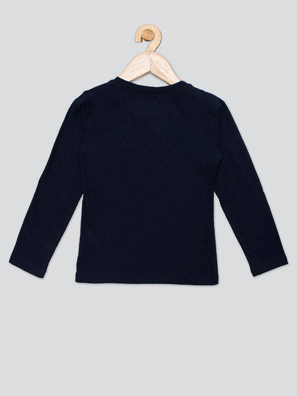 Pampolina Girls Squene Printed Round Neck Prewinter Top- Navy