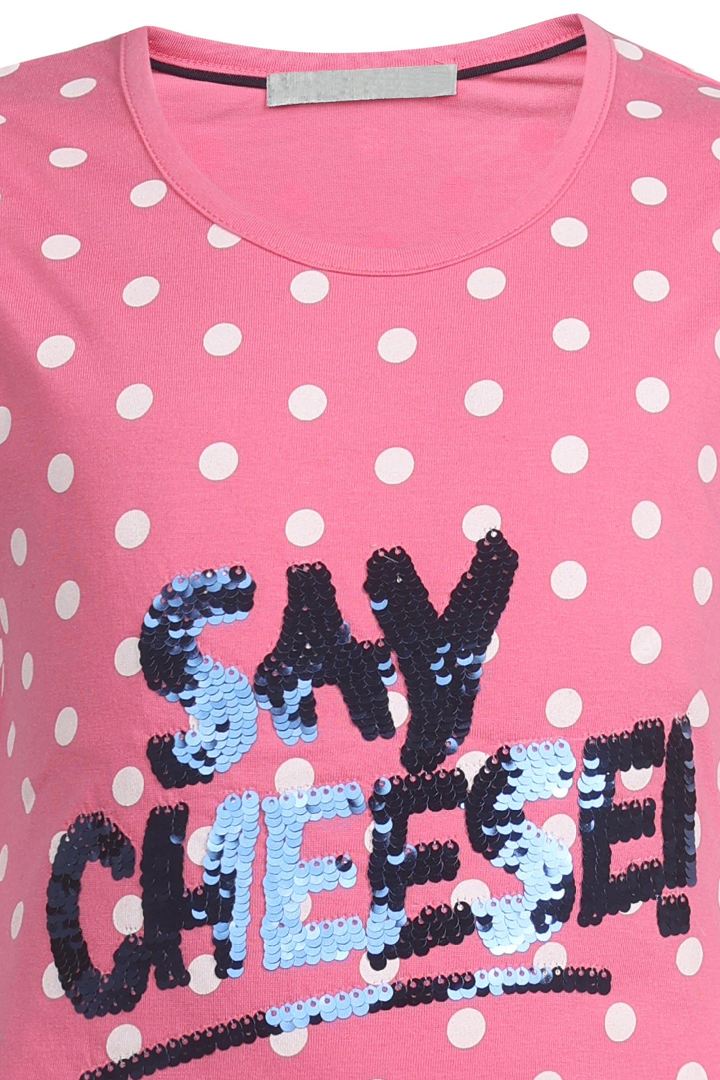 Pampolina Girls Sequined And Polka Dotted All Over Printed Top- Pink