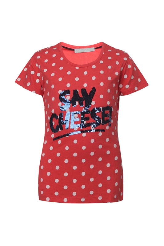 Pampolina Girls Sequined And  Polka Dotted All Over Printed Top- Red