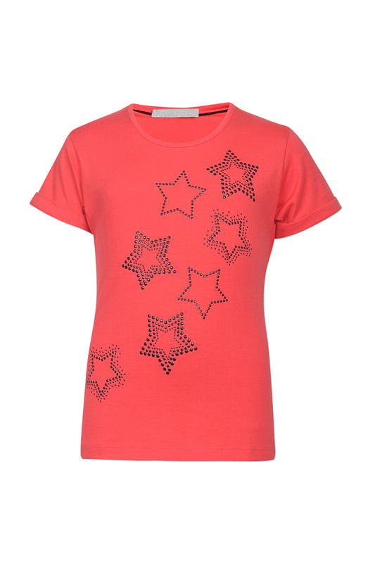 Pampolina Girls Star Sequined Printed Top- Coral