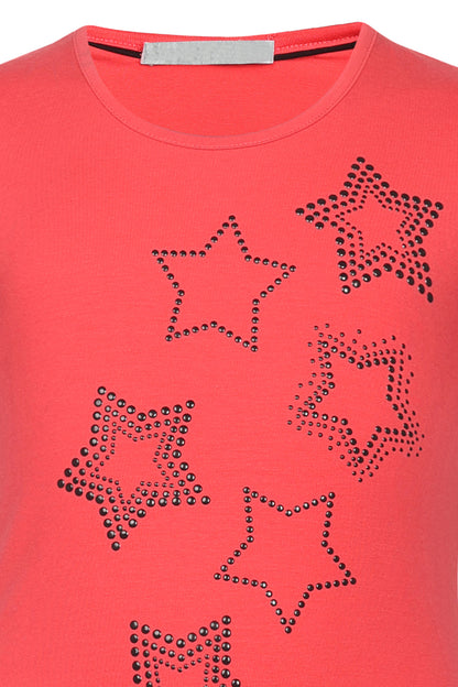 Pampolina Girls Star Sequined Printed Top- Coral
