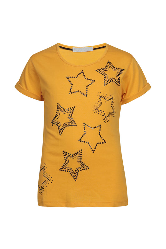 Pampolina Girls Star Sequined Printed Top- Mustard