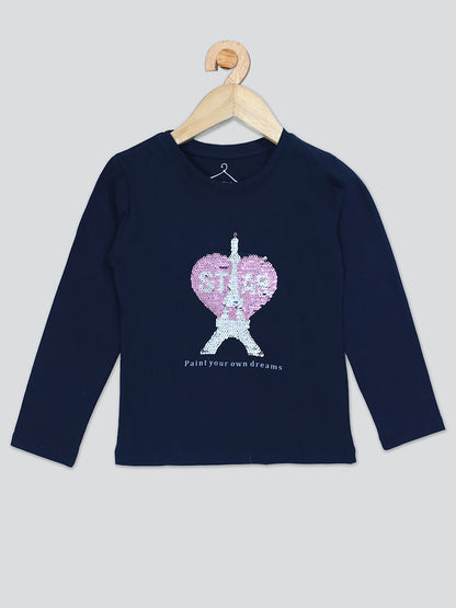 Pampolina Girls Squene Printed Pre Winter Top-Navy