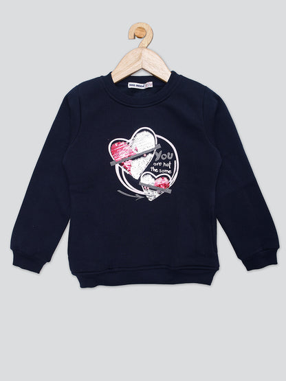 Pampolina Girls Printed Round Neck Sweatshirt- Navy