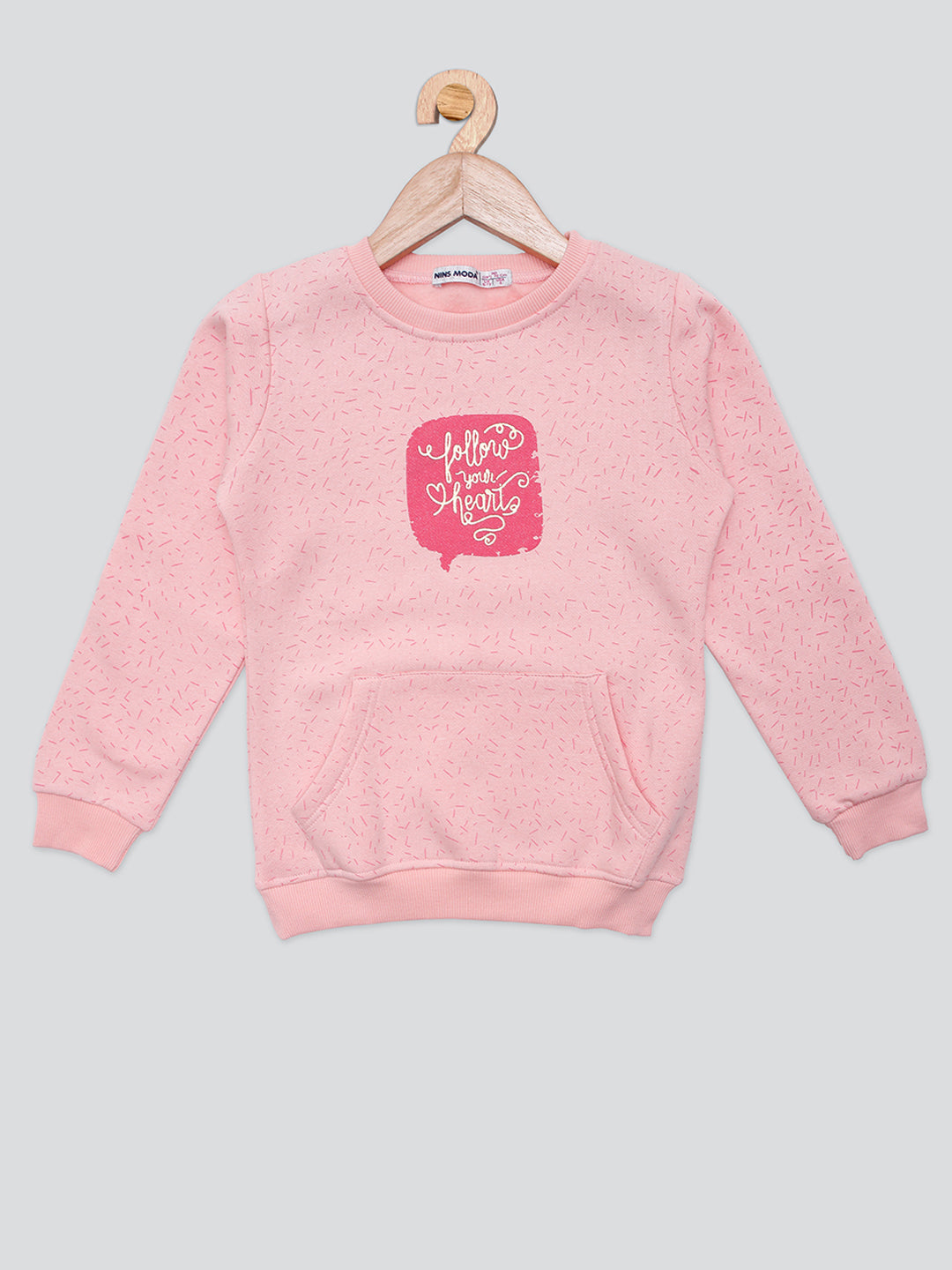 Pampolina Girls Allover Printed Round Neck Sweatshirt With Pocket- Peach