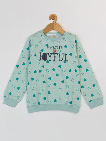 Pampolina Girls Heart Printed Round Neck Sweatshirt-Green