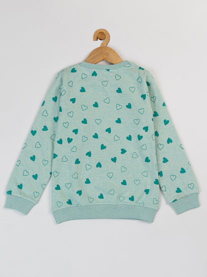 Pampolina Girls Heart Printed Round Neck Sweatshirt-Green