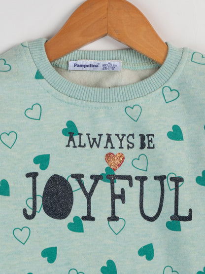 Pampolina Girls Heart Printed Round Neck Sweatshirt-Green