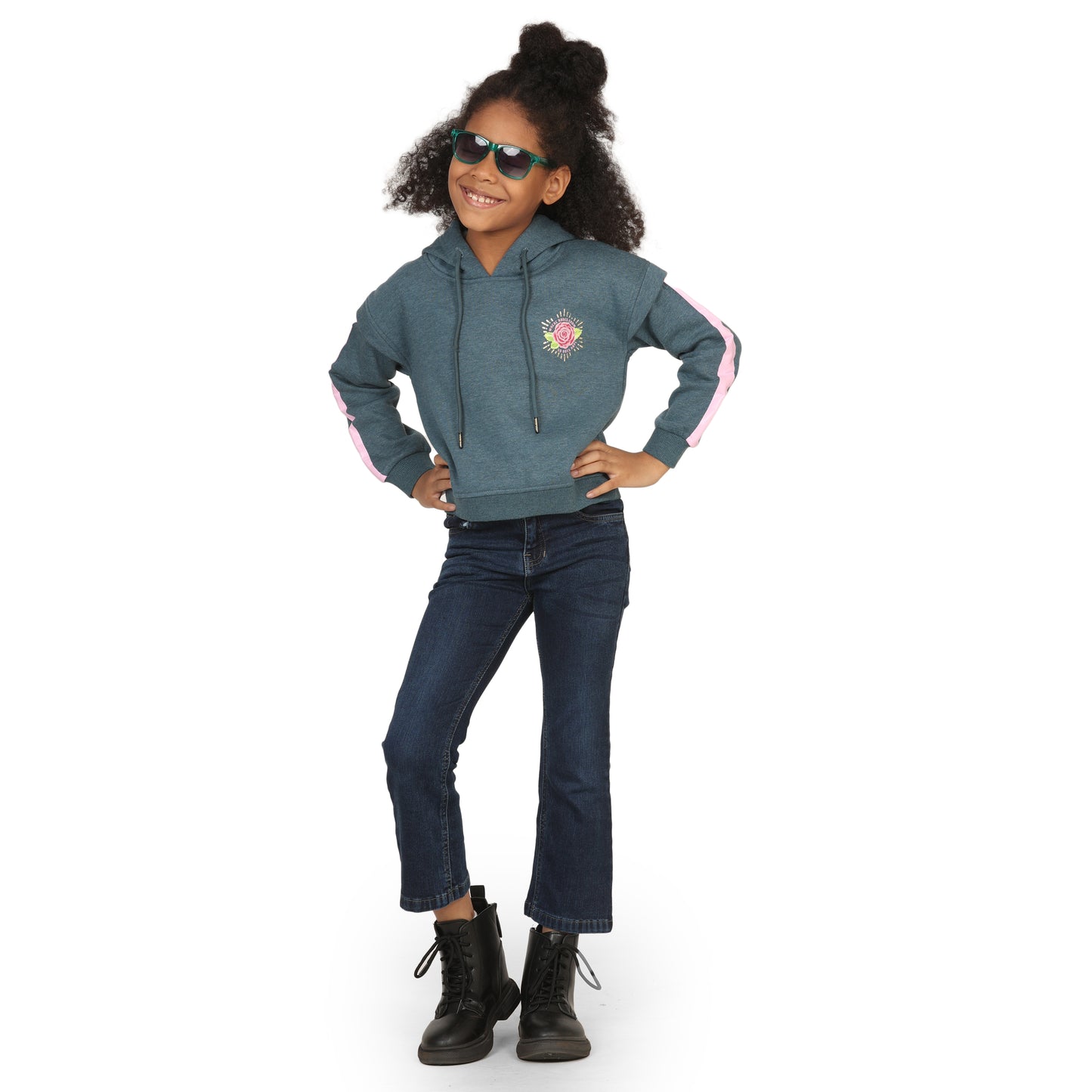 Pampolina Girls Printed Hoodie Sweatshirt- Denim