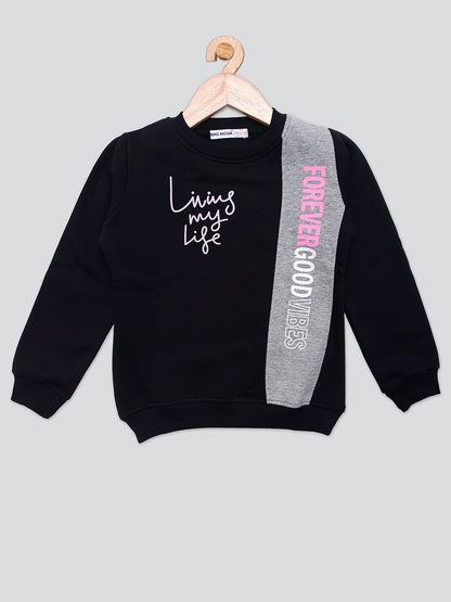 Pampolina Girls Printed Round Neck Sweatshirt- Black