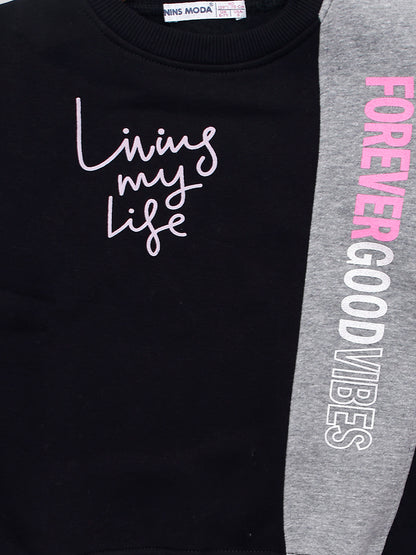 Pampolina Girls Printed Round Neck Sweatshirt- Black