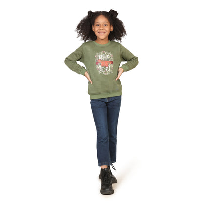 Pampolina Girls Printed Round Neck Sweatshirt- Green