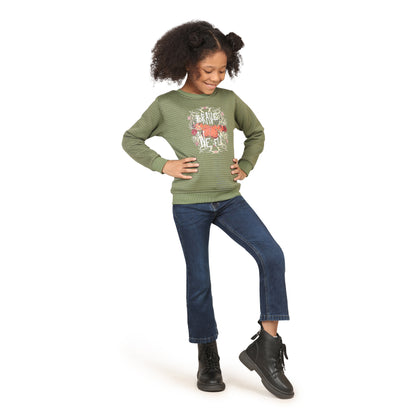 Pampolina Girls Printed Round Neck Sweatshirt- Green