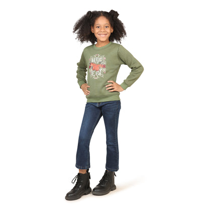 Pampolina Girls Printed Round Neck Sweatshirt- Green
