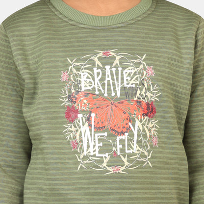Pampolina Girls Printed Round Neck Sweatshirt- Green