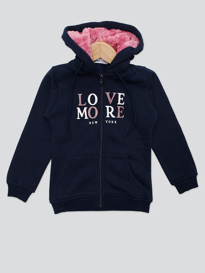 Pampolina Girls Printed Hoddie Sweatshirt With Pocket- Navy