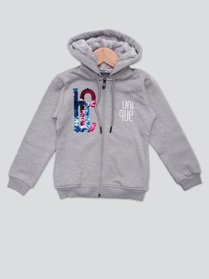 Pampolina Girls Sequined Printed Hoddie Sweatshirt - Grey
