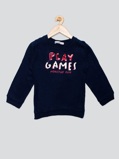 Pampolina Girls Sequined Printed Woolen Top-Navy