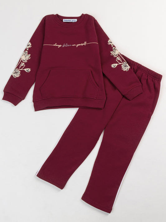Pampolina  Girls Printed Round neck  Co-ord Set- Mahroon
