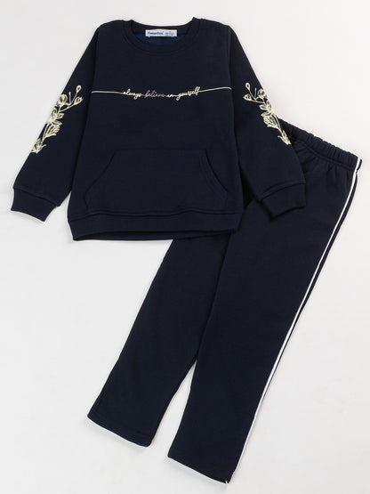 Pampolina  Girls Printed Round neck  Co-ord Set- Navy