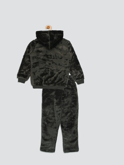 Zipper Extra Warm Girls Solid Girls Co-ord Set- Olive Green