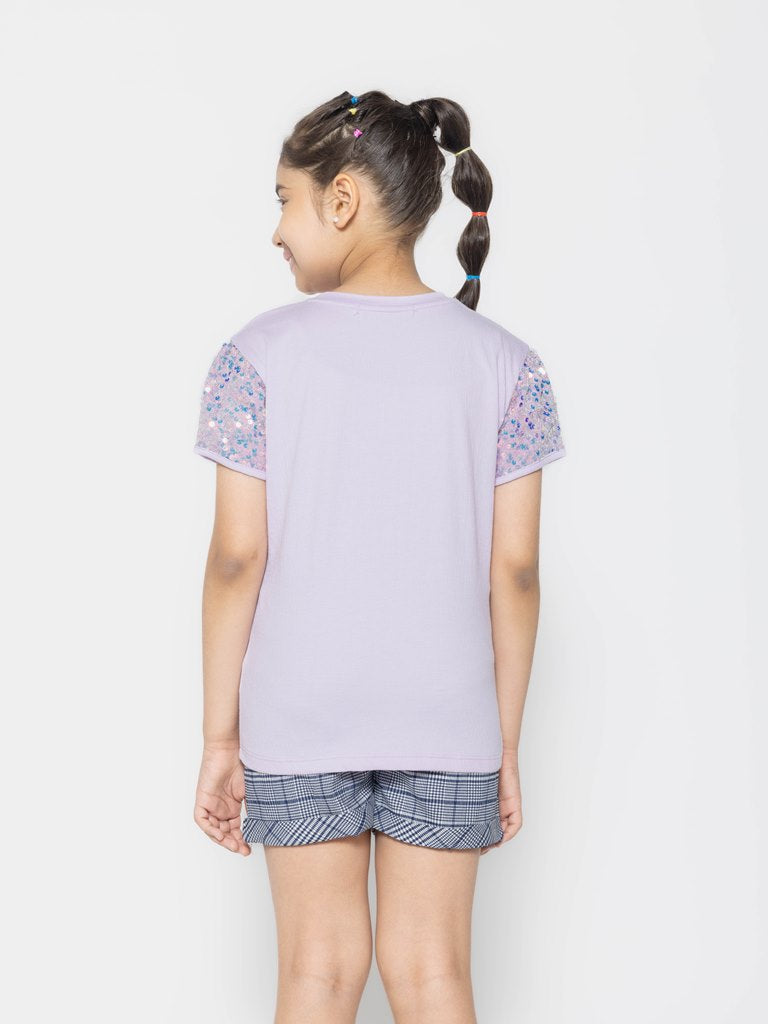 Pampolina Girls Floral Printed Half Sleeve Round Neck Top-Lavender