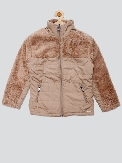 Pampolina Girls Solid Quilted With Fleece Jacket- Fawn