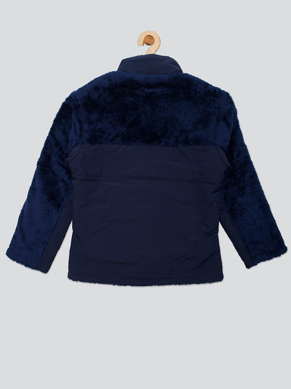 Pampolina Girls Solid Quilted With Fleece Jacket- Navy