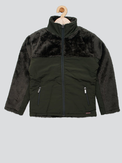 Pampolina Girls Solid Quilted With Fleece Jacket- Olive