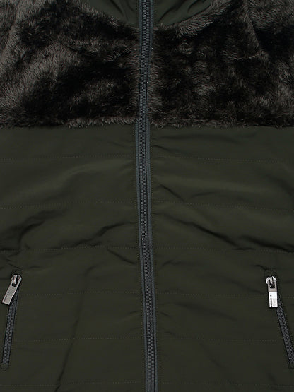 Pampolina Girls Solid Quilted With Fleece Jacket- Olive