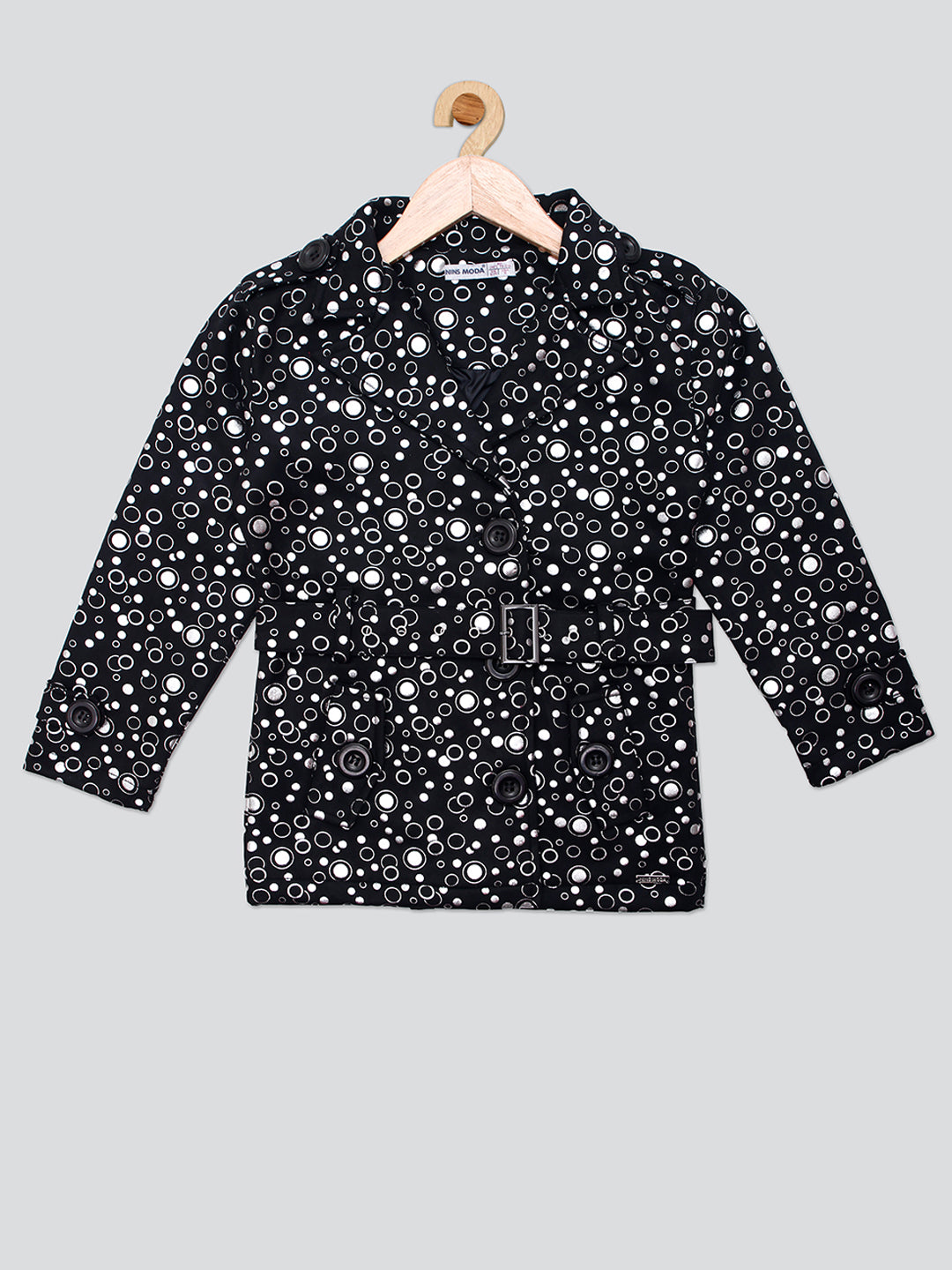 Pampolina Girls Polka Dot Printed Jacket With Belt - Black