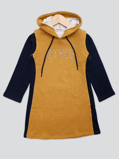 Pampolina Girls Squene Printed Dress With Hoddie-Mustard