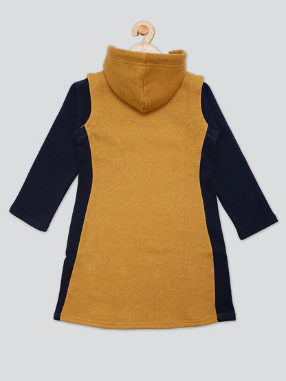 Pampolina Girls Squene Printed Dress With Hoddie-Mustard