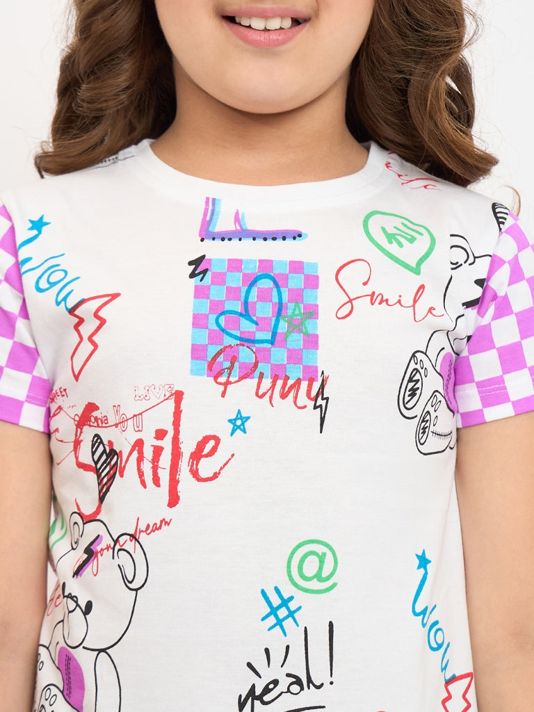Pampolina Girls Allover Printed Half Sleeve Dress - White
