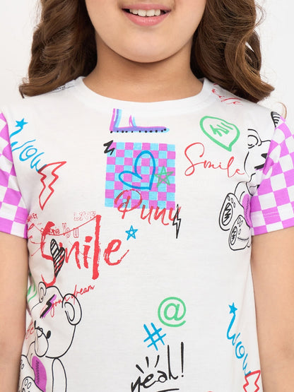 Pampolina Girls Allover Printed Half Sleeve Dress - White