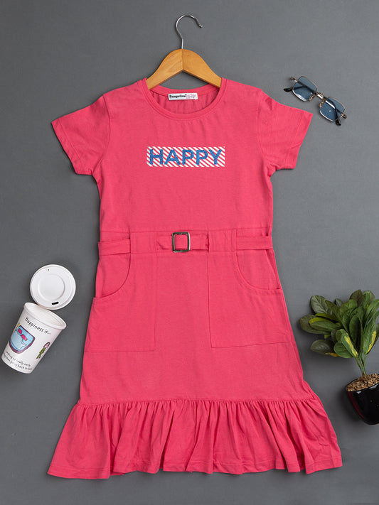 Pampolina Girls Happy Printed Half Sleeve Dress-Pink