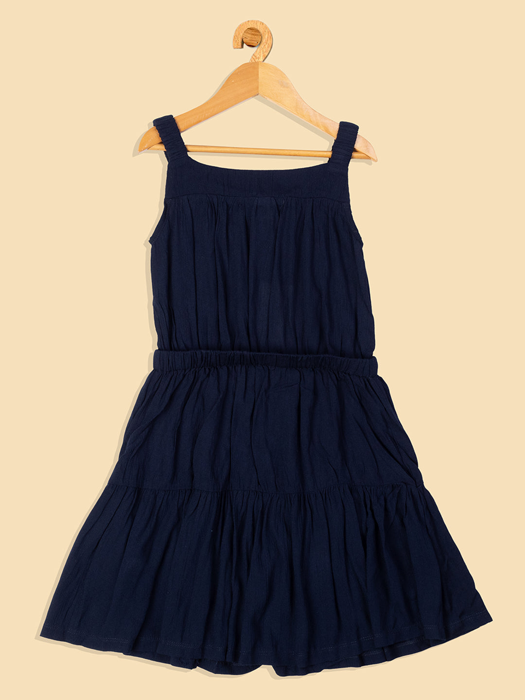 Pampolina  Solid Summer Cotton Dress For Baby Girl With Elastic Belt -Navy