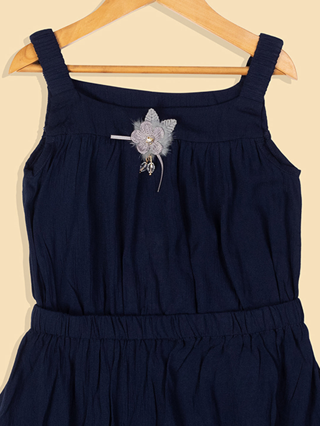Pampolina  Solid Summer Cotton Dress For Baby Girl With Elastic Belt -Navy